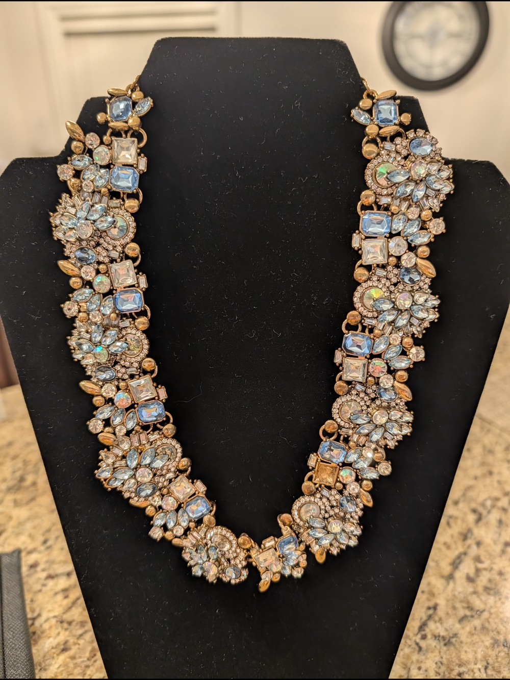 Two Crystal Floral Necklaces One Light Blue and Gold. One Light Yellow and Gold.